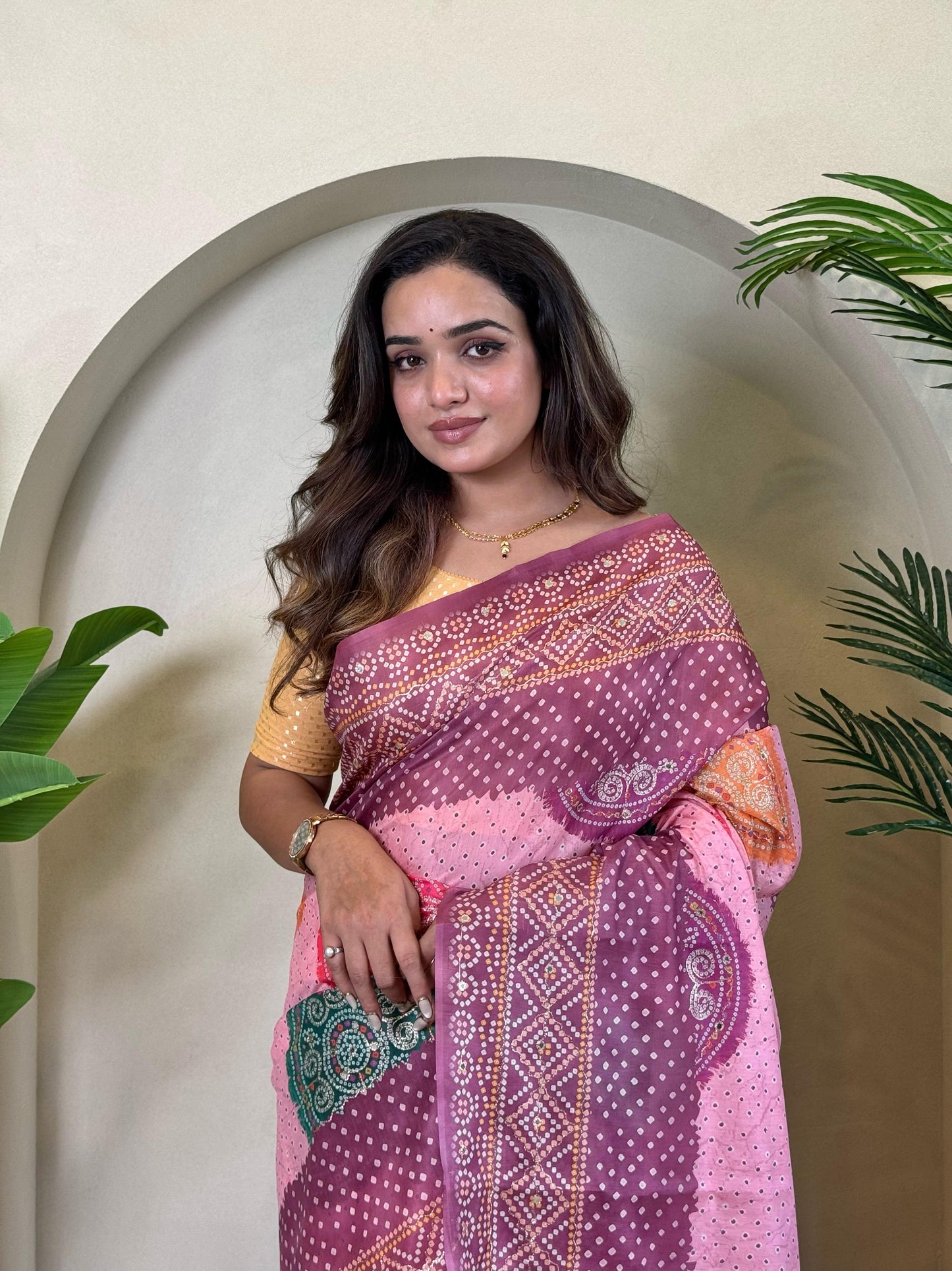 Multi Design Bandhani Print Wine Color Exclusive Saree