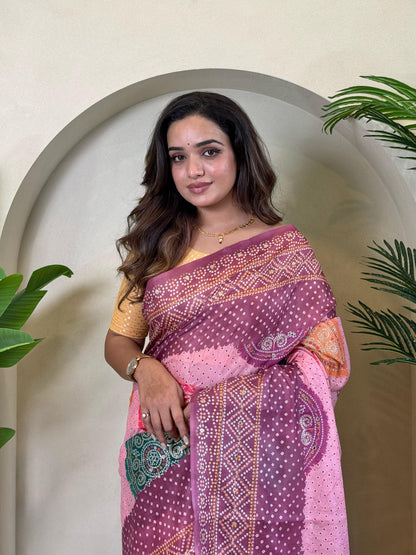 Multi Design Bandhani Print Wine Color Exclusive Saree